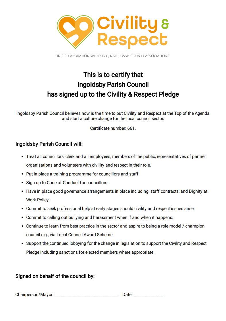 Ingoldsby parish council pledge certificate