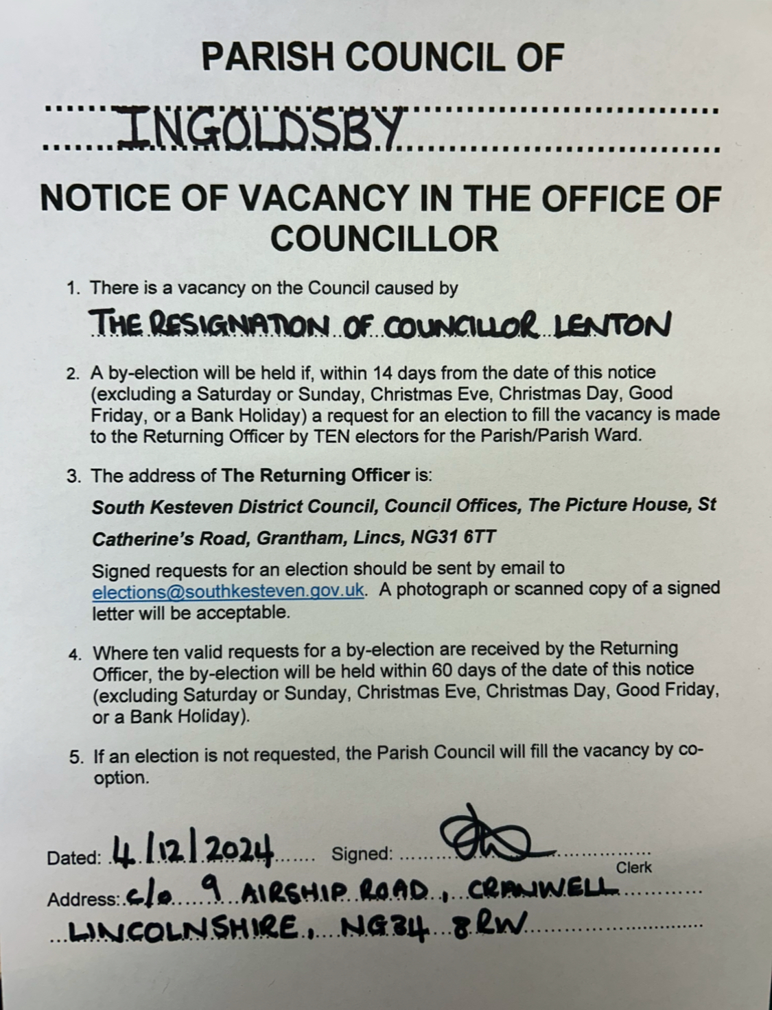 Cllr Vacancy Notice Dec 2024